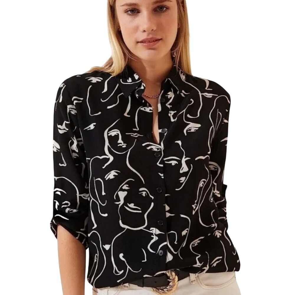 BIG DART Black White Abstract Face Print Button Up Long Sleeve‎ Shirt Top US 6